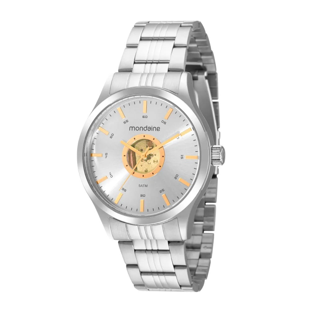 Relógio Mondaine Masculino Prateado Maquinismo Aparente Visor Prateado com Dourado Á Prova d'água 99633G0MVNE1 