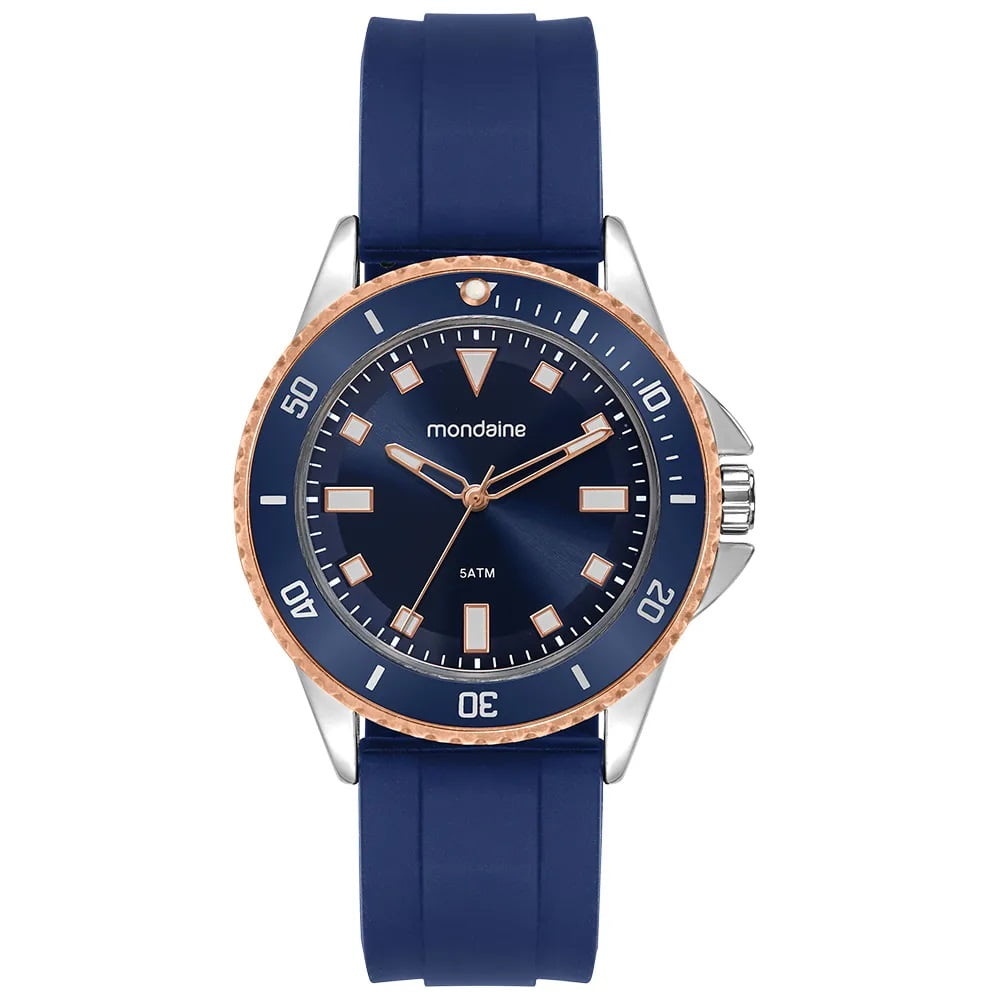Relógio Mondaine Masculino Bicolor Prateado e Rosé com Bisel Visor e Pulseira de Silicone Azul á Prova D'água 7909669230663