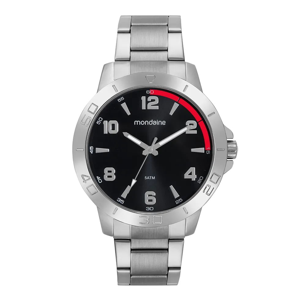 Relógio Mondaine Masculino Casual Prateado Visor Preto com Detalhes Vermelho á Prova D'água 99701G0MVNE1