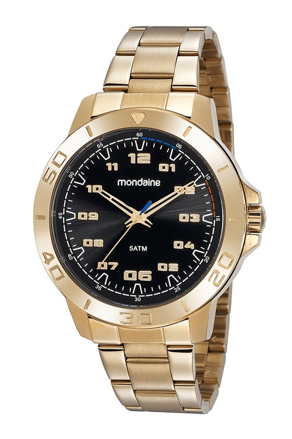 Relógio Mondaine Masculino Dourado Todo Numerado Visor Preto com Taquímetro Á Prova D'água 99468GPMVDE1