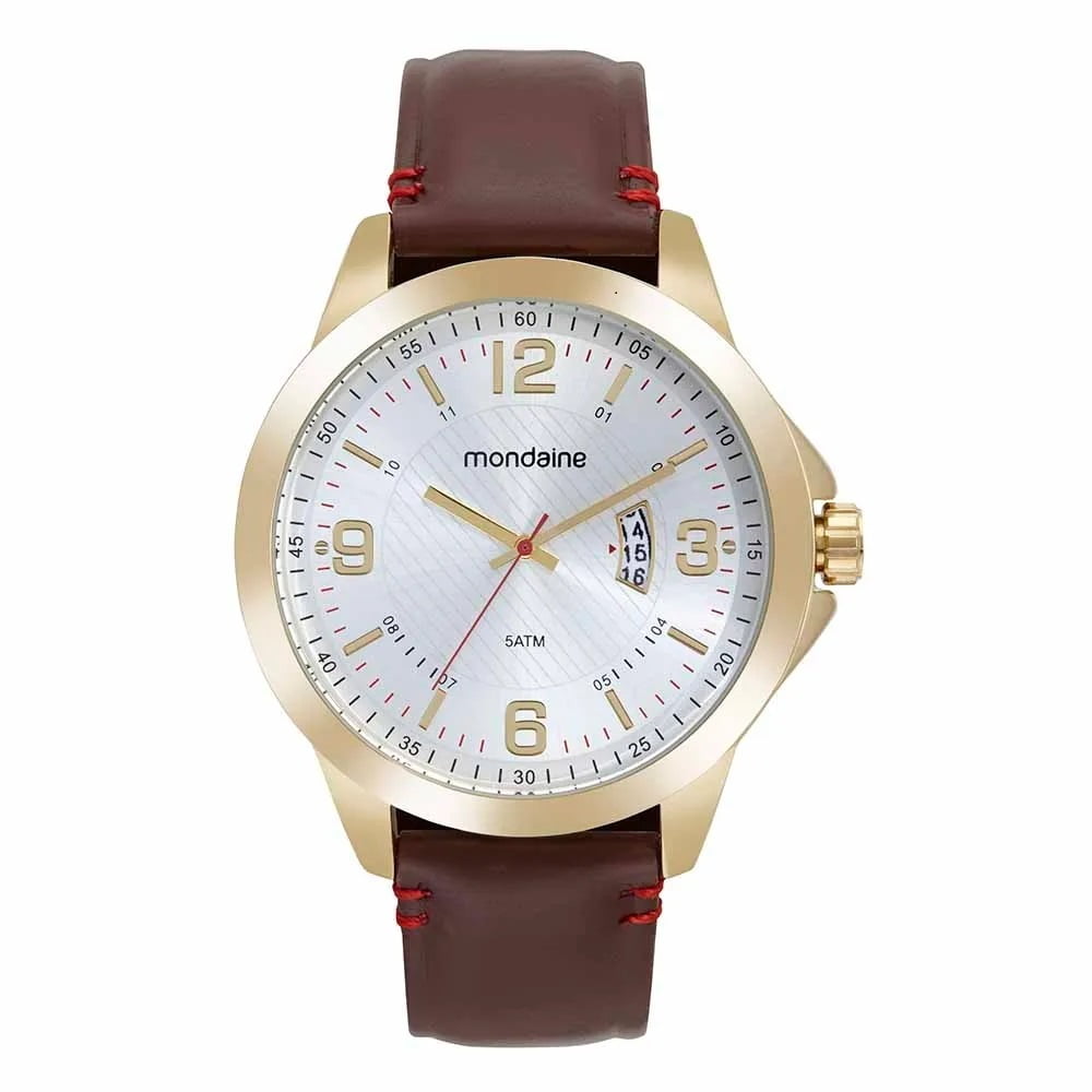 Relógio Mondaine Masculino Dourado Visor Texturizado Prateado com Calendário Pulseira em Couro Cacau Á Prova d'água 99643GPMVDH2