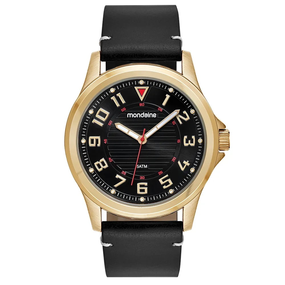 Relógio Mondaine Masculino Dourado Casual com Pulseira em Couro e Visor Texturizado Á Prova d'água 83504GPMVDH2