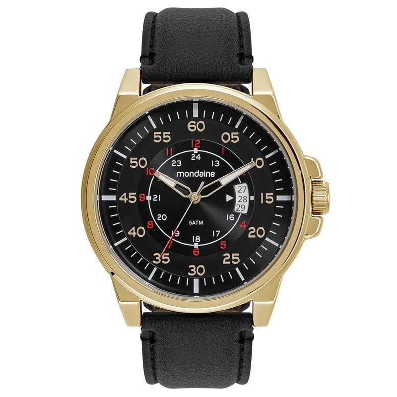 Relógio Mondaine Masculino Dourado Casual e Visor Preto com Numeração completa calendário Pulseira em Couro Á Prova d'água 332562GPMVDH1