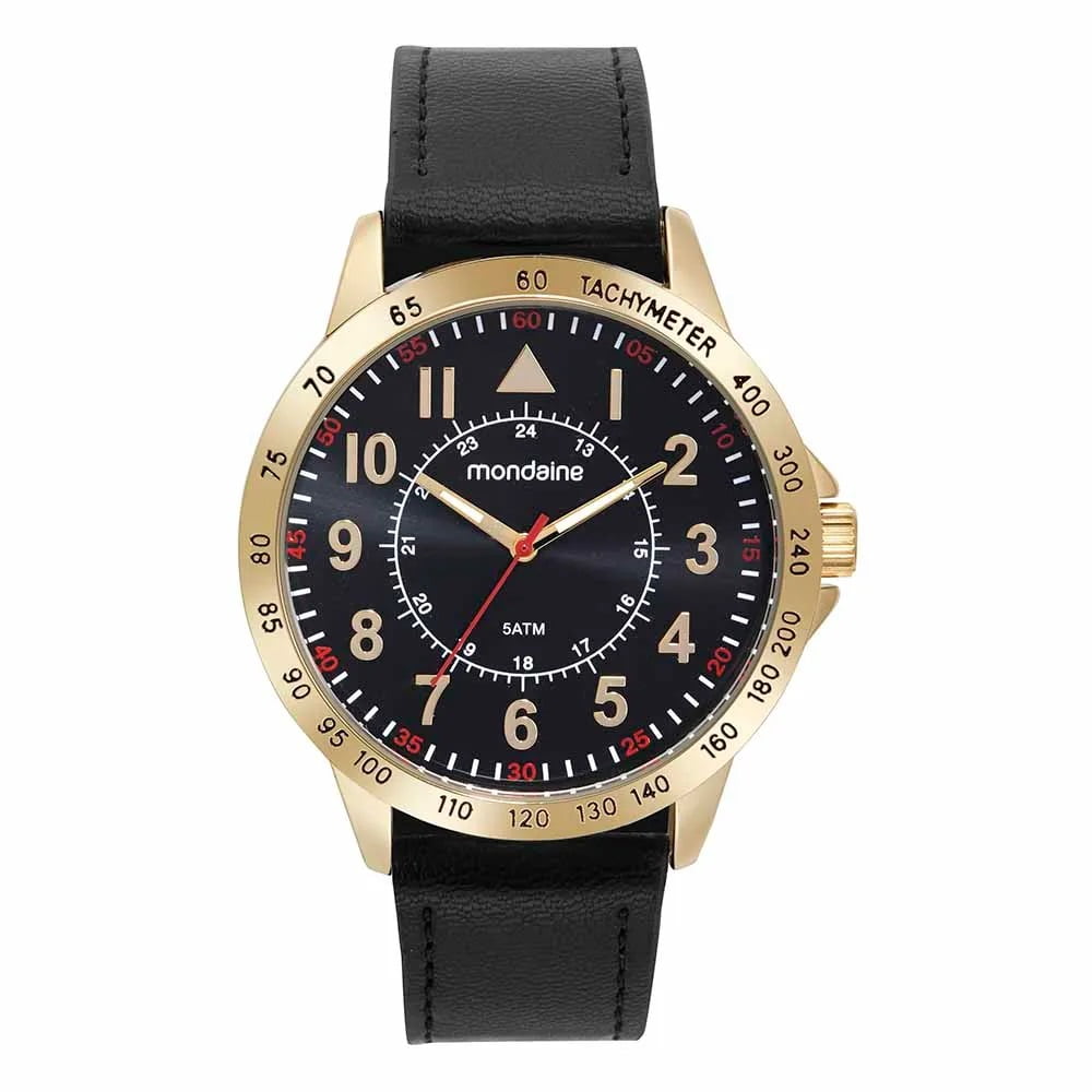 Relógio Mondaine Masculino Dourado Casual Numeração Completa Pulseira em Couro á Prova D'água 99666GPMVDH2