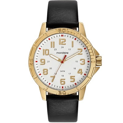 Relógio Mondaine Masculino Dourado Casual Visor Branco Numeração Completa Pulseira em Couro Á Prova d'água 99592GPMVDH3