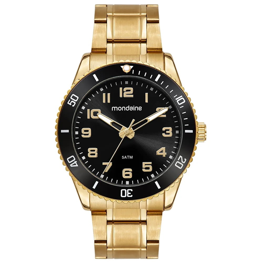 Relógio Mondaine Masculino Dourado Casual Visor Preto Numerado com Luneta Rotativa Á prova D'água 33025GPMVDE1