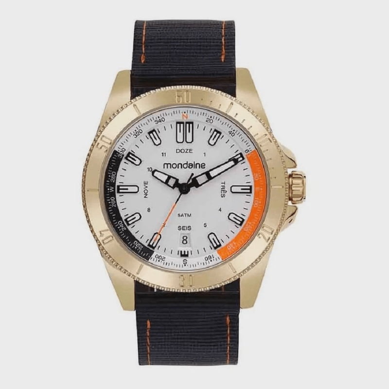 Relógio Mondaine Masculino Dourado com calendário Casual com Pulseira em Couro e nylon Á Prova d'água 32505GPMVDJ1