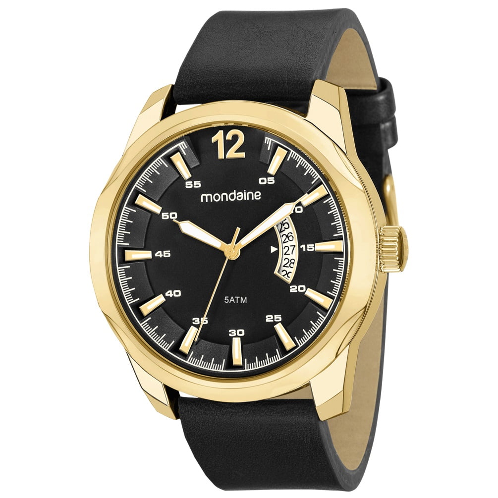 Relógio Mondaine Masculino Dourado com Calendário e Pulseira em Couro esporte fino Á Prova d'água 99216GPMVDH2