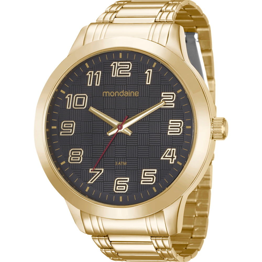 Relógio Mondaine Masculino Dourado Todo Numerado Visor Preto Texturizado Á Prova d'água 99143GPMVDE4