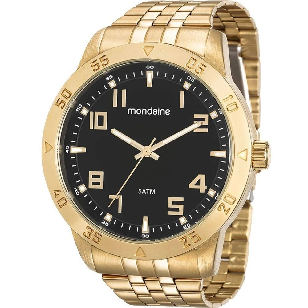 Relógio Mondaine Masculino Dourado com Visor Preto e Taquímetro Á Prova d'água 99190GPMVDE2