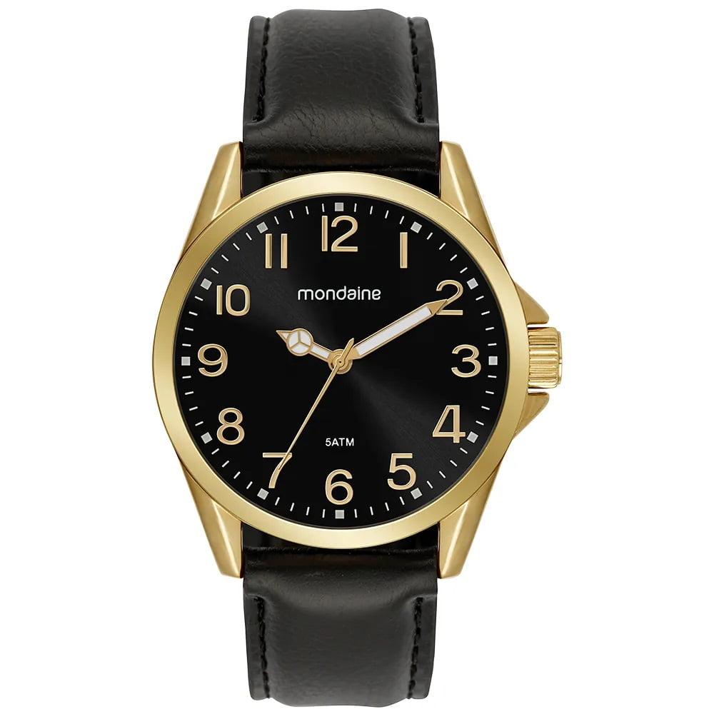 Relógio Mondaine Masculino Dourado Visor Preto com Numeração completa Pulseira em Couro Preta Á Prova D'água 99741GPMVDH1