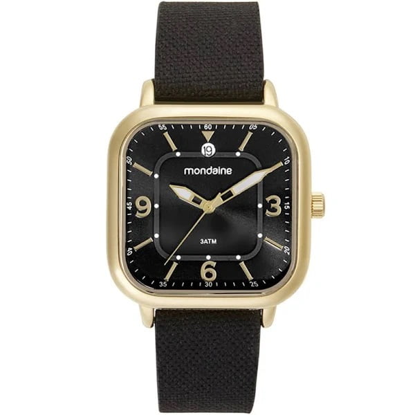 Relógio Mondaine Dourado Quadrado Clássico com Calendário e Pulseira em Couro 99642GPMVDJ3