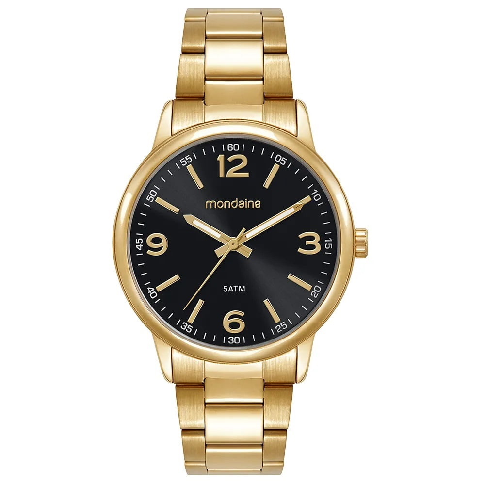 Relógio Mondaine Masculino Dourado Social Minimalista Visor Preto Á prova D'água 99897GPMVDE1