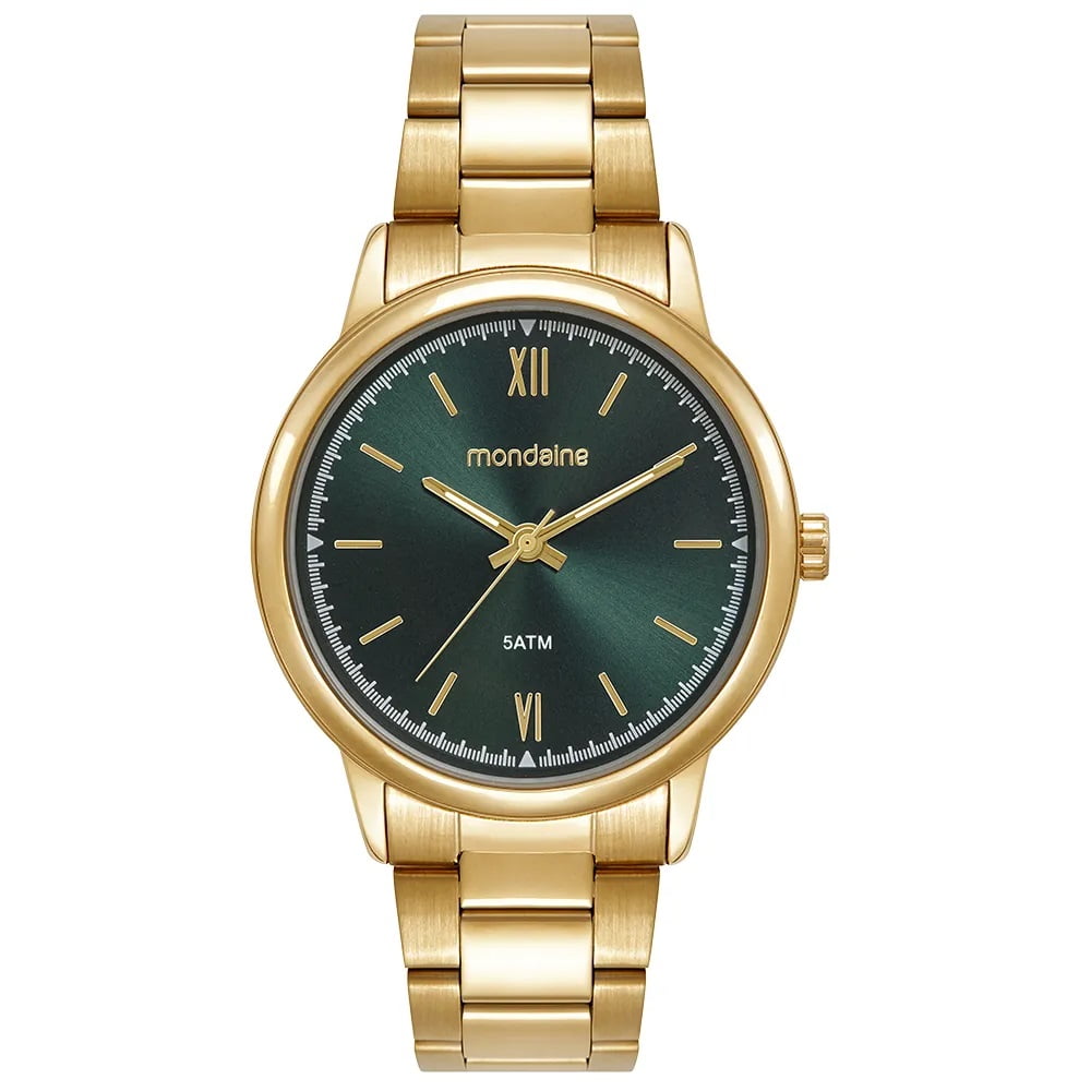 Relógio Mondaine Masculino Dourado Social Minimalista Visor Verde Á prova D'água 99898GPMVDE2
