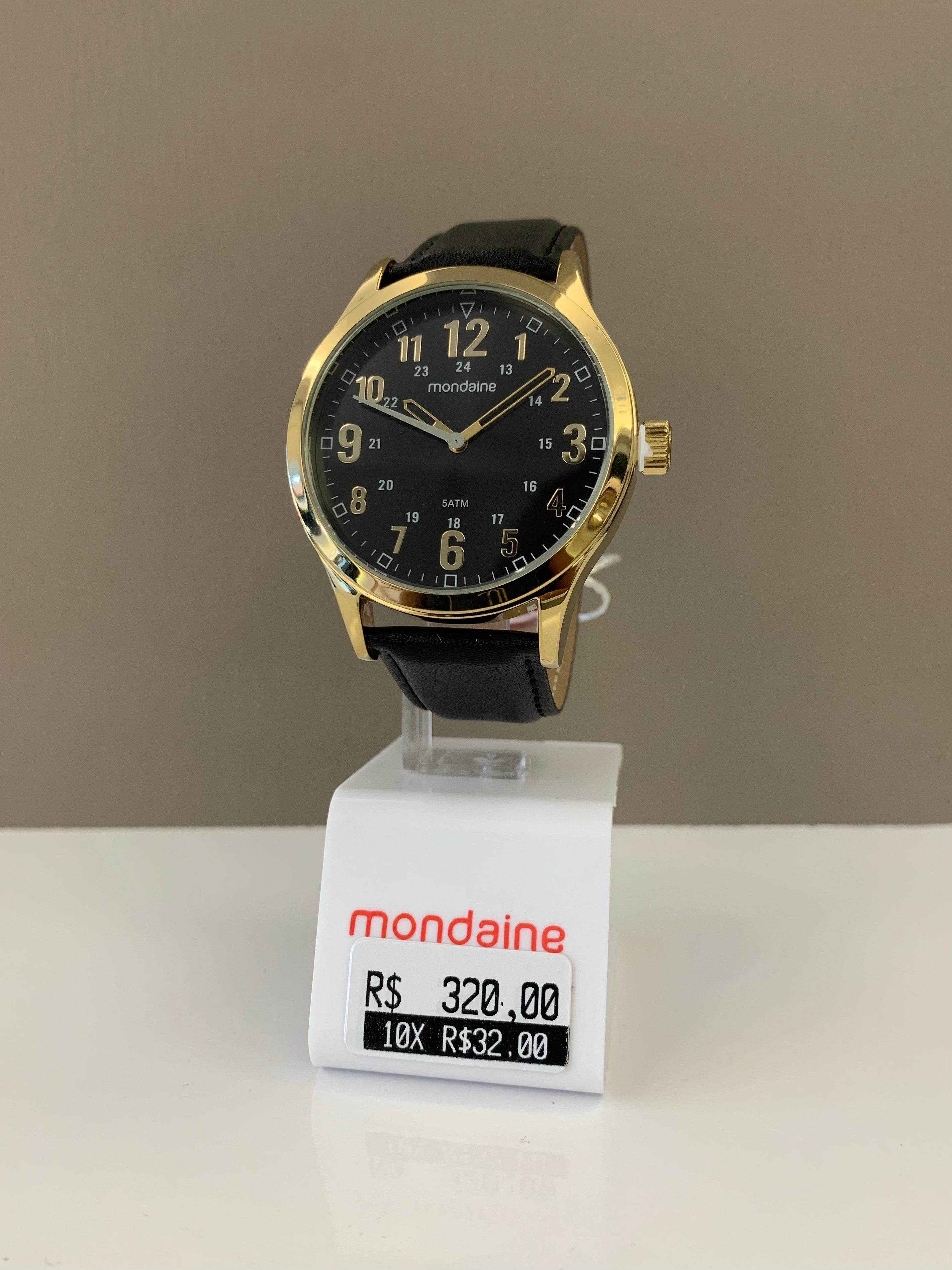 Relógio Mondaine Masculino Dourado Todo Numerado Visor Preto Pulseira de Couro Á Prova d'água 99626GPMVDH2