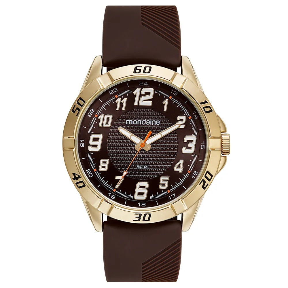 Relógio Mondaine Masculino Dourado Visor Cacau Texturizado Pulseira em Silicone Cacau Taquímetro Á Prova d'água 32574GPMVDI3  