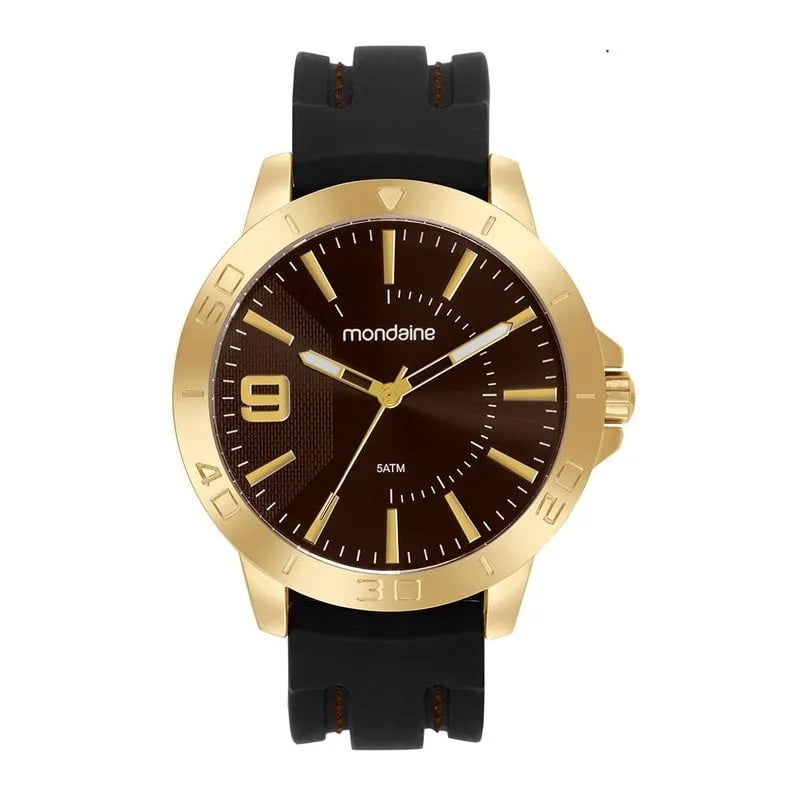 Relógio Mondaine Masculino Dourado Visor Marrom com Pulseira em Silicone Á Prova d'água 99699GPMVDI3