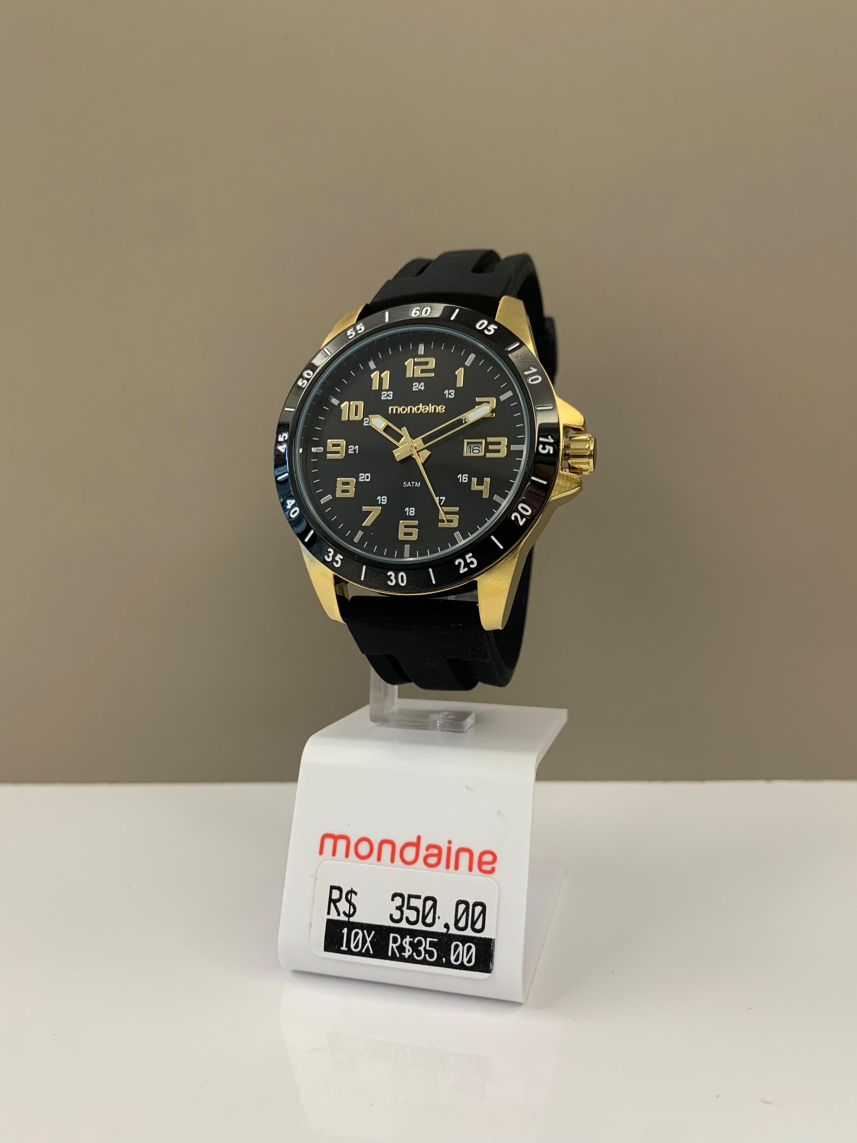 Relógio Mondaine Masculino Dourado Visor Preto Calendário Taquímetro com Pulseira em Silicone Á Prova d'água 99813GPMVHI4