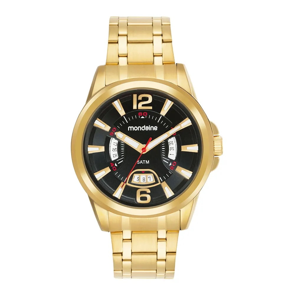 Relógio Mondaine Masculino Dourado Visor Preto com Calendário Á Prova d´água 83522GPMVDE1
