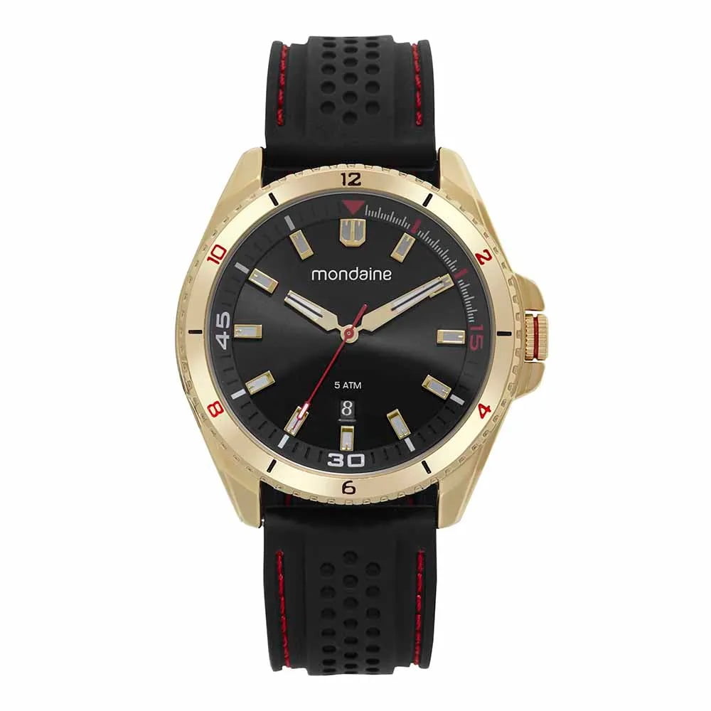  Relógio Mondaine Masculino Dourado Visor Preto com Calendário com Pulseira em Silicone Á Prova d'água 32617GPMVDI1