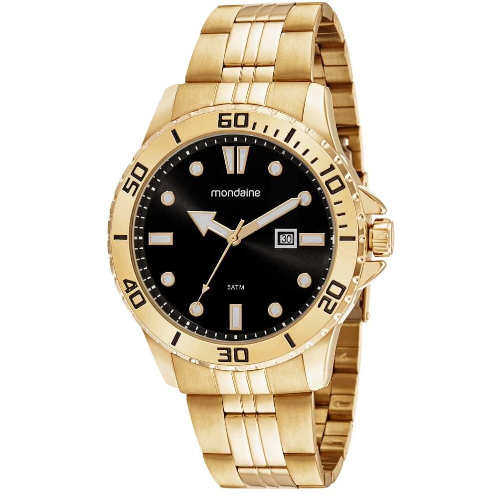 Relógio Mondaine Masculino Dourado Visor Preto com Calendário e Taquímetro Á Prova D'água 99630GPMVDE2 