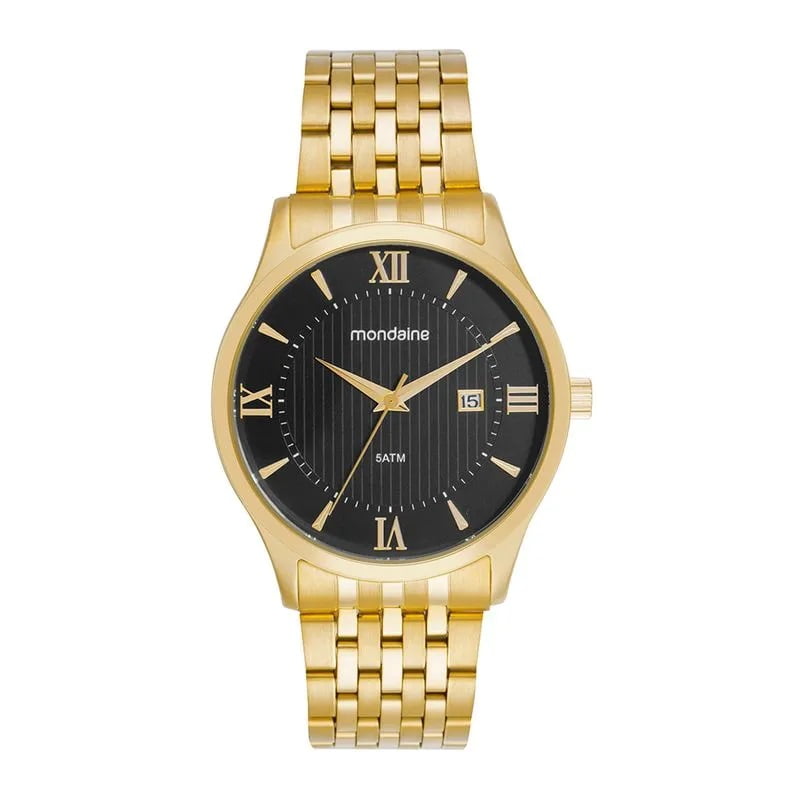 Relógio Mondaine Masculino Dourado Visor Preto com Números Romanos e calendário Á Prova D'água 99806GPMVDE2