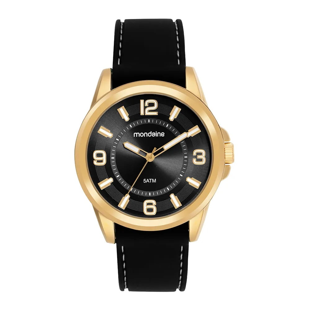 Relógio Mondaine Masculino Dourado Visor Preto Pulseira em Silicone Preta Á Prova d'água 83524GPMVDI1