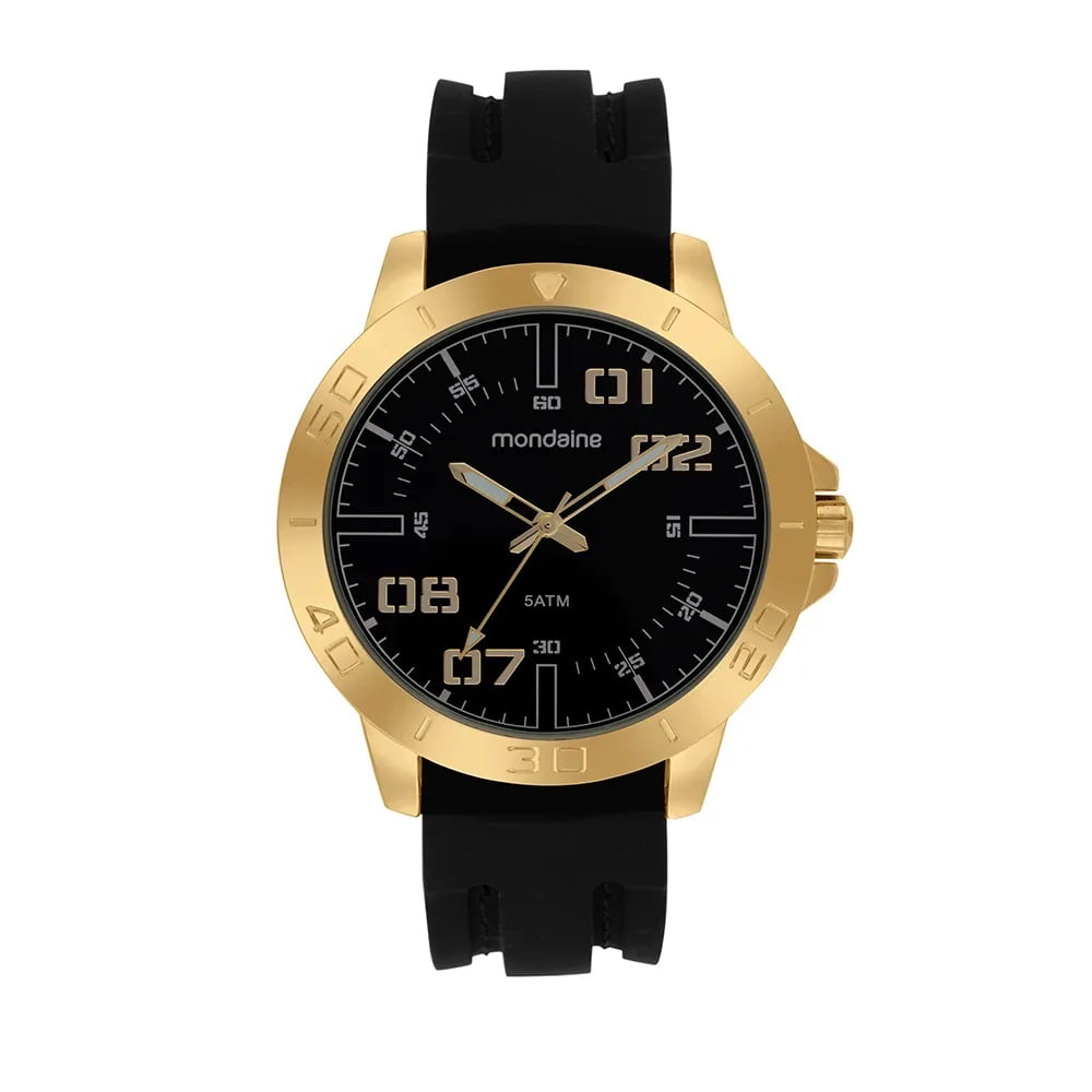 Relógio Mondaine Masculino Dourado Visor Preto Taquímetro com Pulseira em Silicone Á Prova d'água 99786GPMVDI1
