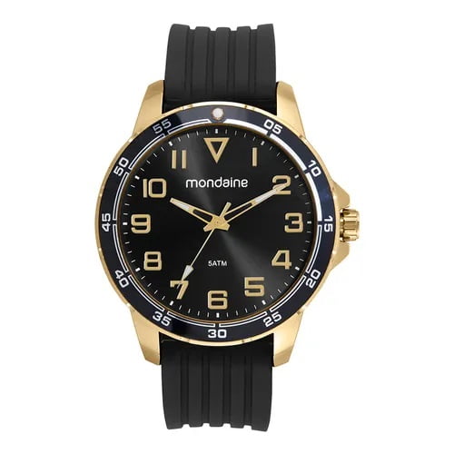 Relógio Mondaine Masculino Dourado Visor Preto Todo Numerado Com Taquímetro Pulseira em Silicone Preta Á Prova d'água 99732GPMVDI1