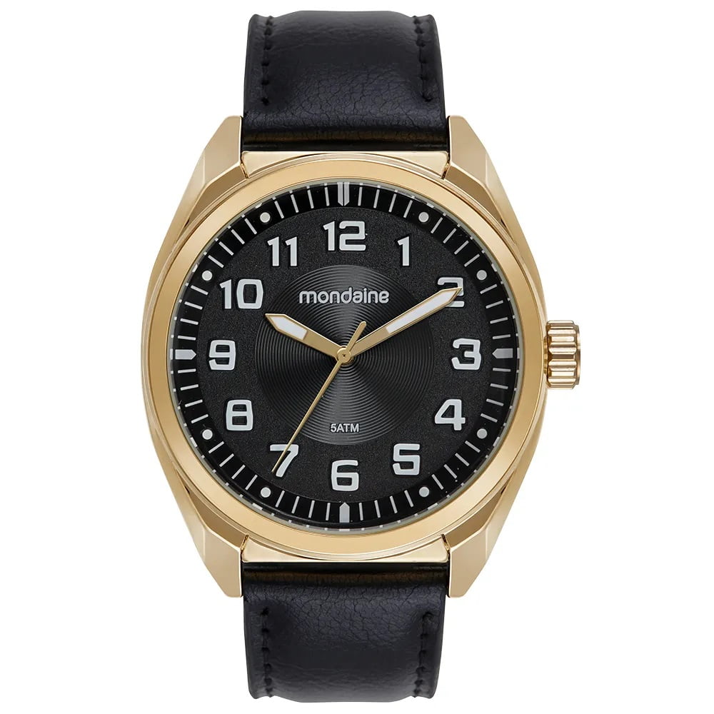 Relógio Mondaine Masculino Dourado Visor Preto Todo Numerado Pulseira em Couro Preta Á Prova d'água 99809GPMVDH3