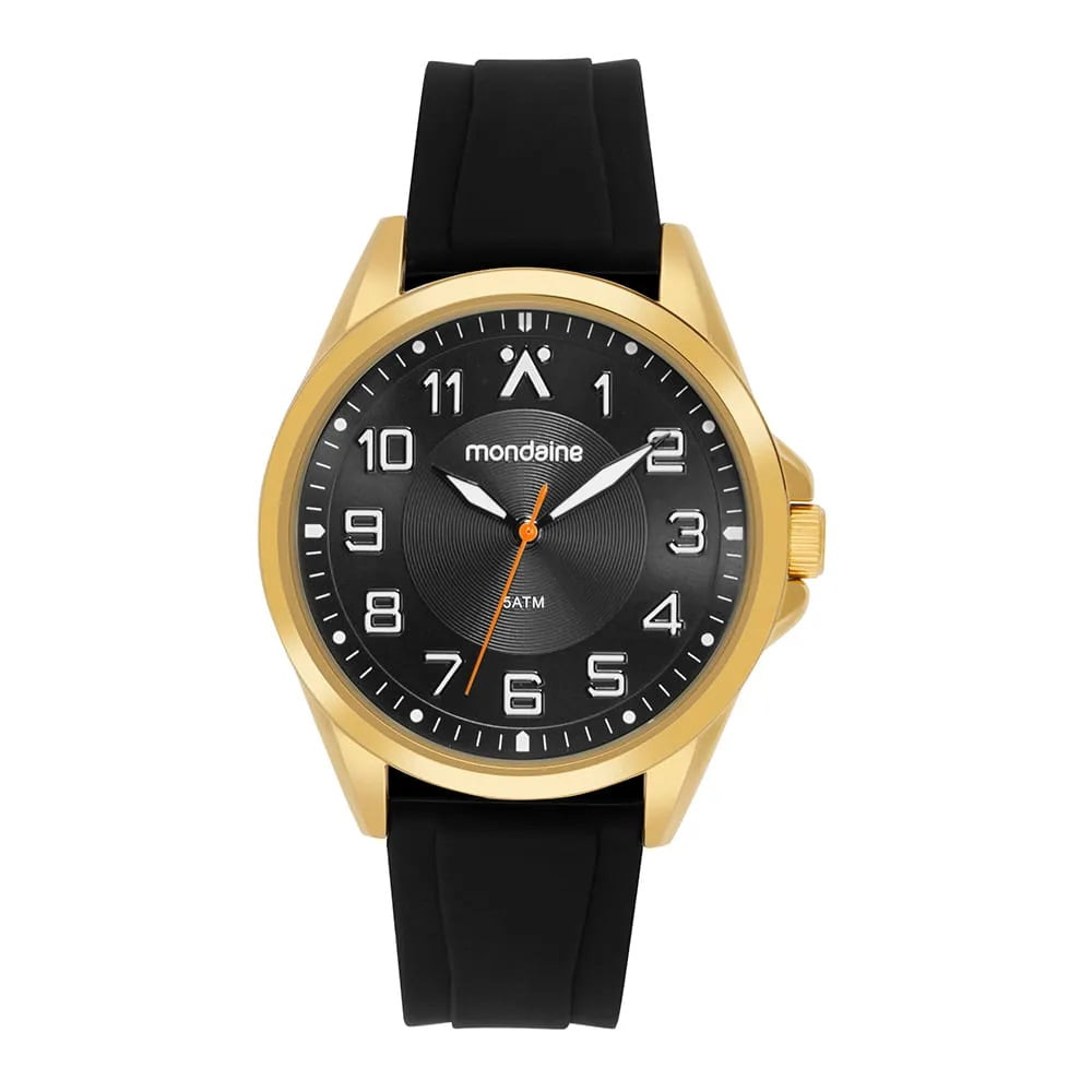 Relógio Mondaine Masculino Dourado Visor Preto Todo Numerado Pulseira em Silicone Preta Á Prova d'água 83529GPMVDI1