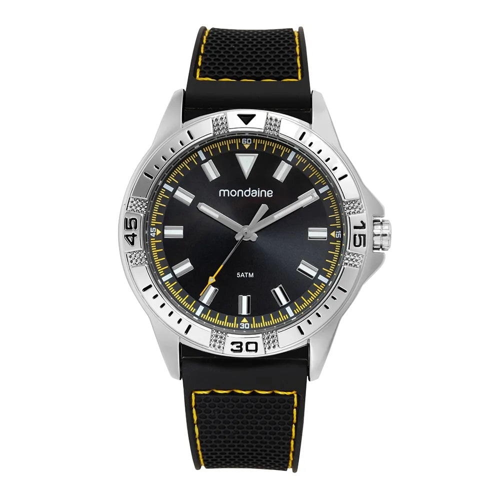 Relógio Mondaine Masculino Esportivo Prateado Visor Preto com Detalhes Amarelo Pulseira em Silicone á Prova D'água 99787G0MVNI3