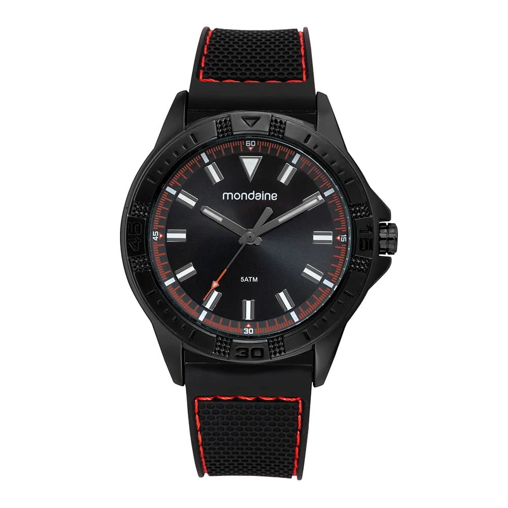 Relógio Mondaine Masculino Esportivo Preto Visor Preto com Detalhes Vermelho Pulseira em Silicone á Prova D'água 99787GPMVPI2