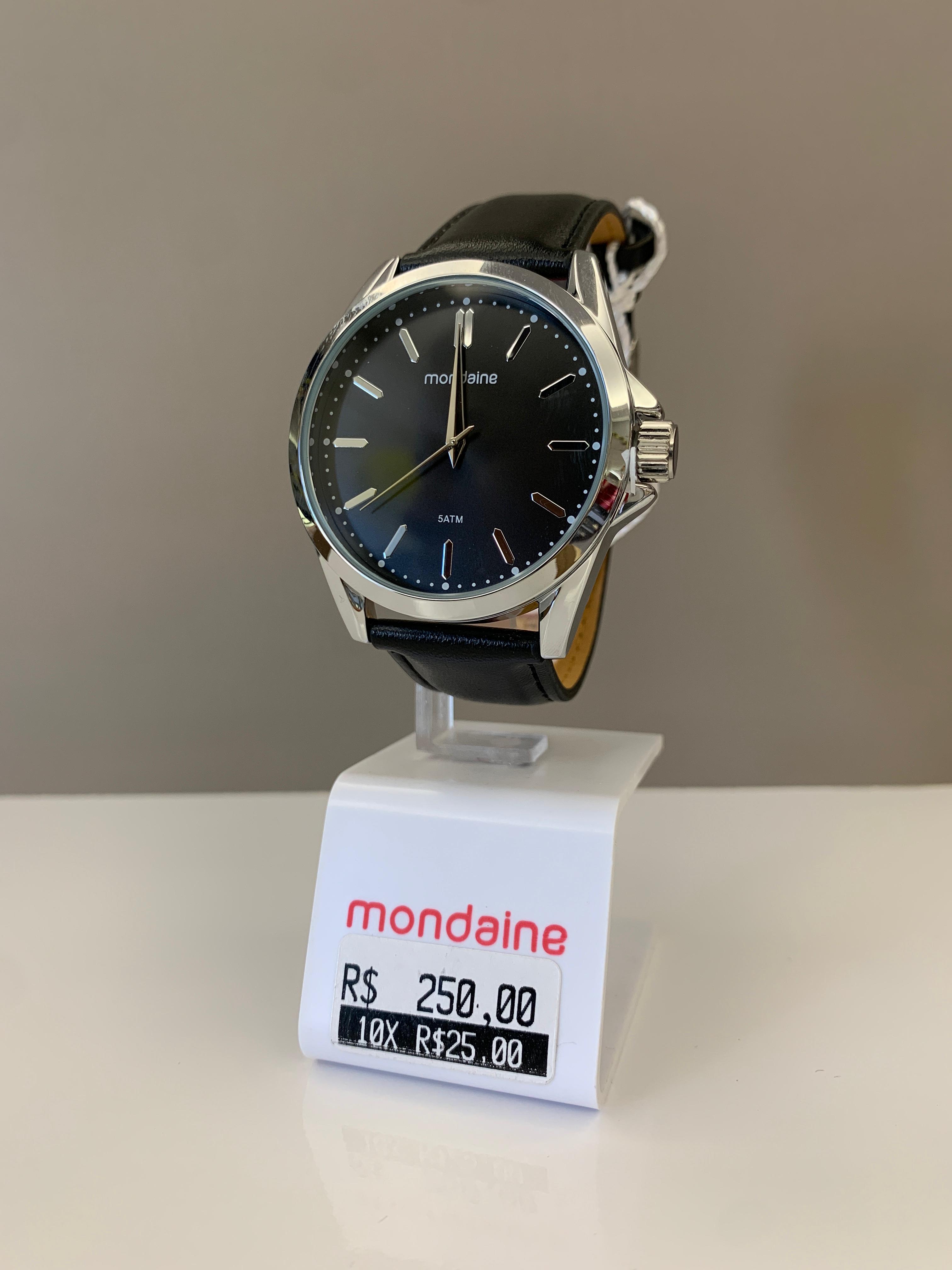 Relógio Mondaine Masculino Prateado com Pulseira em Couro Preta Á Prova D'água 99739G0MVNH3