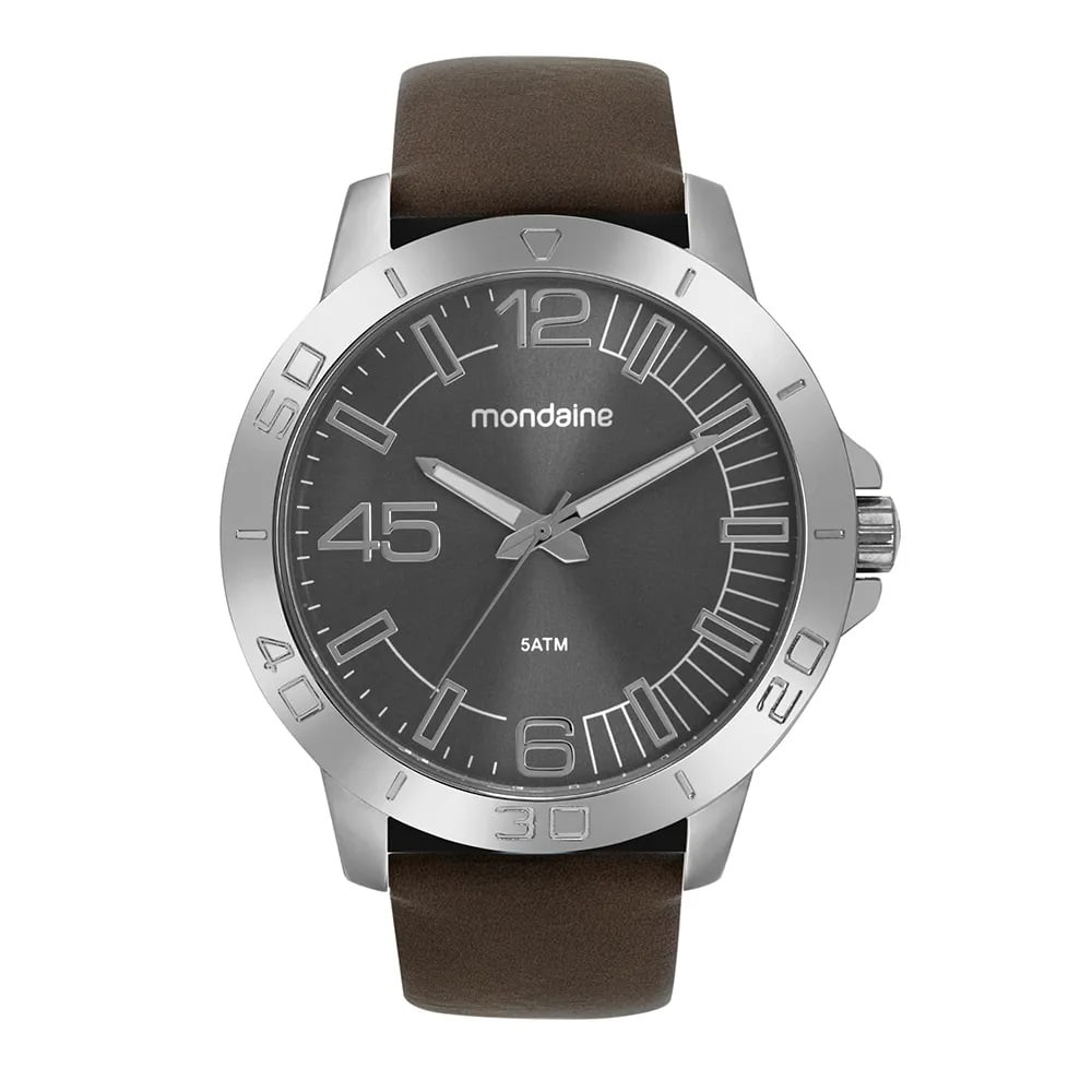 Relógio Mondaine Masculino Prata Casual Visor Cinza com Pulseira em Couro Marrom á Prova d'água 99692G0MVNH1
