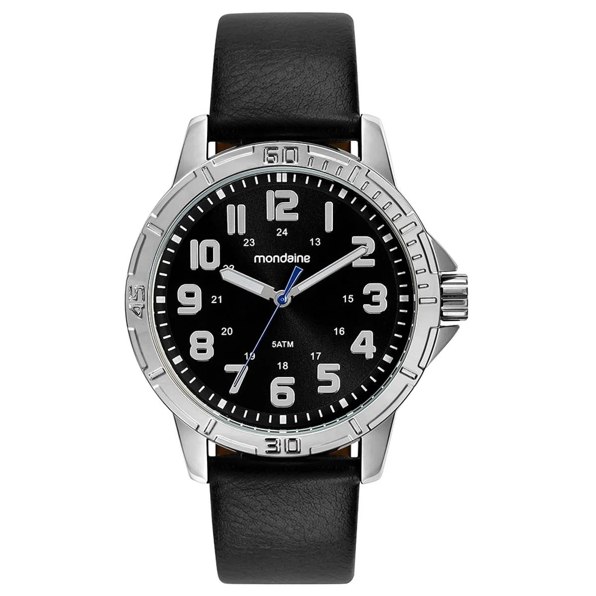 Relógio Mondaine Masculino Prateado com Pulseira em Couro e Visor Preto com Numeração completa Á Prova d'água 99592G0MVNH4