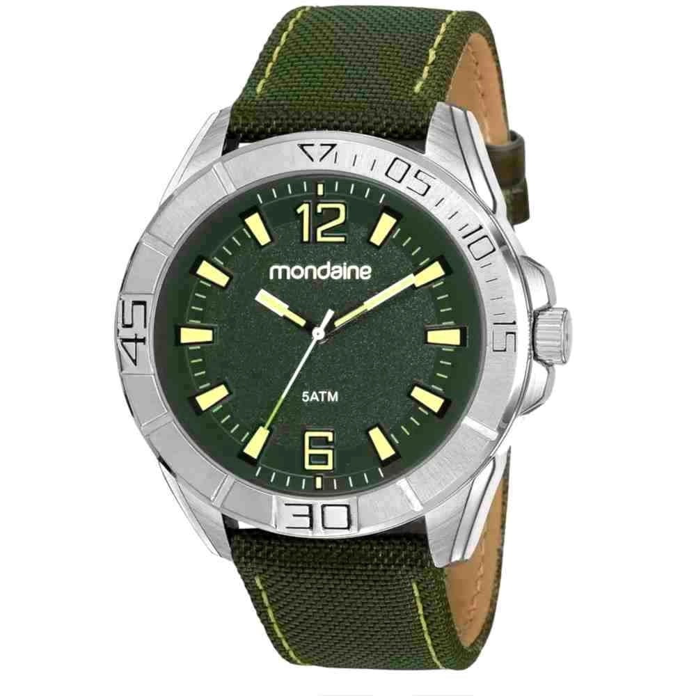 Relógio Mondaine Masculino Prateado Verde Pulseira de Couro e tecido A prova d´água 83484G0MVNJ1