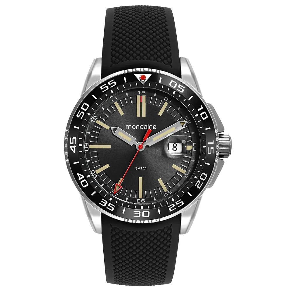 Relógio Mondaine Masculino Prata Visor Preto Lupa Calendário Pulseira em Silicone á Prova D'água 32882G0MVNI1