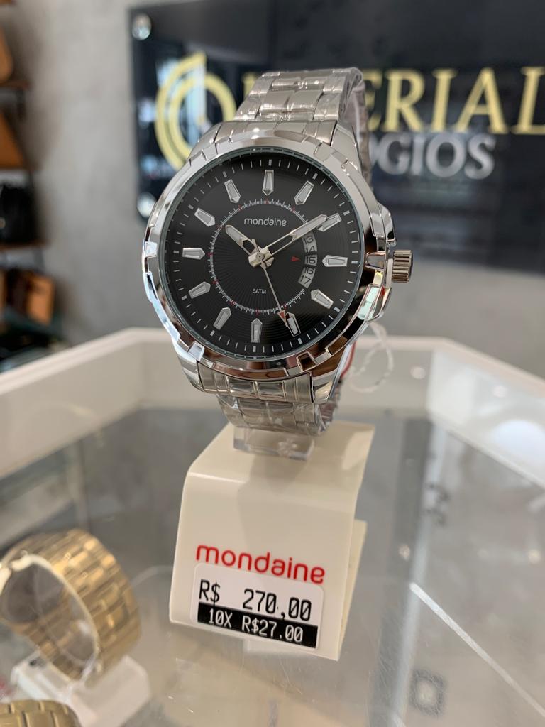 Relógio Mondaine Masculino Prateado com Calendário e Visor Preto Á Prova d'água 99671G0MVNE1