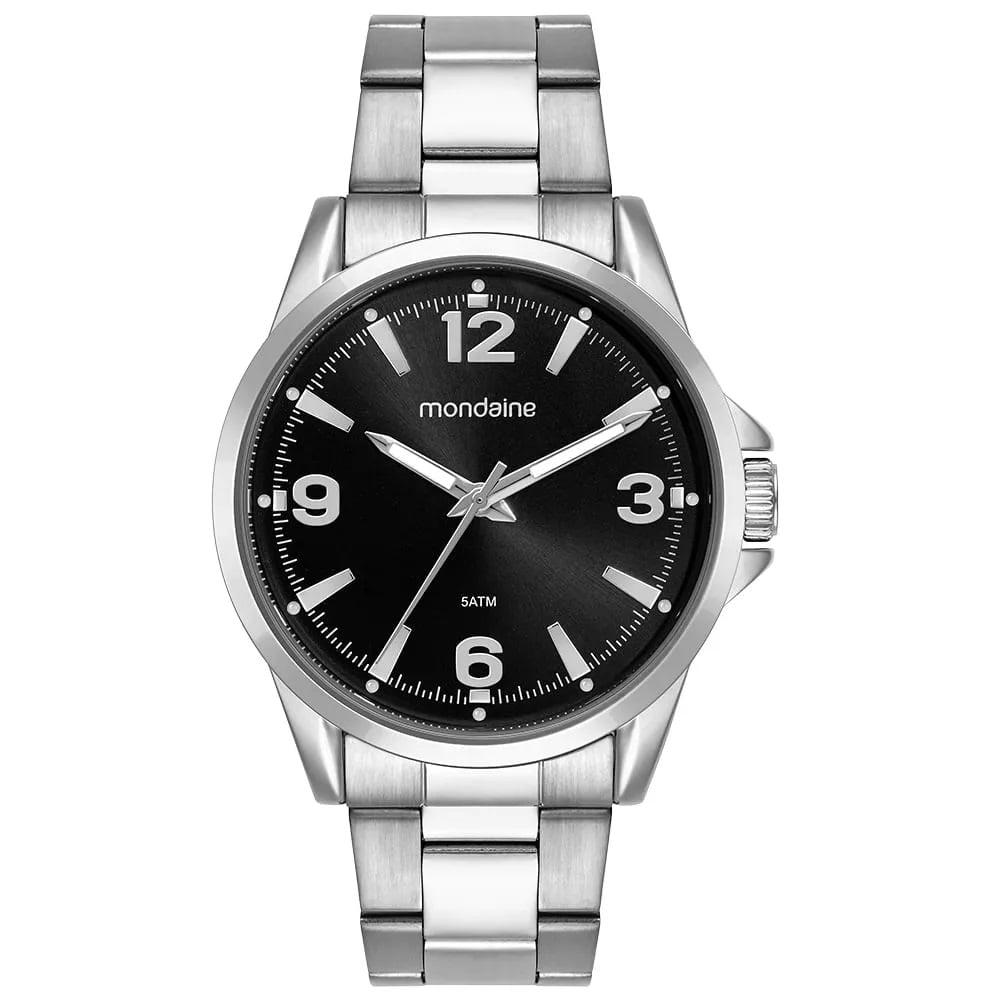 Relógio Mondaine Masculino Prateado com Mostrador Preto á Prova D'água 99807G0MVNE3