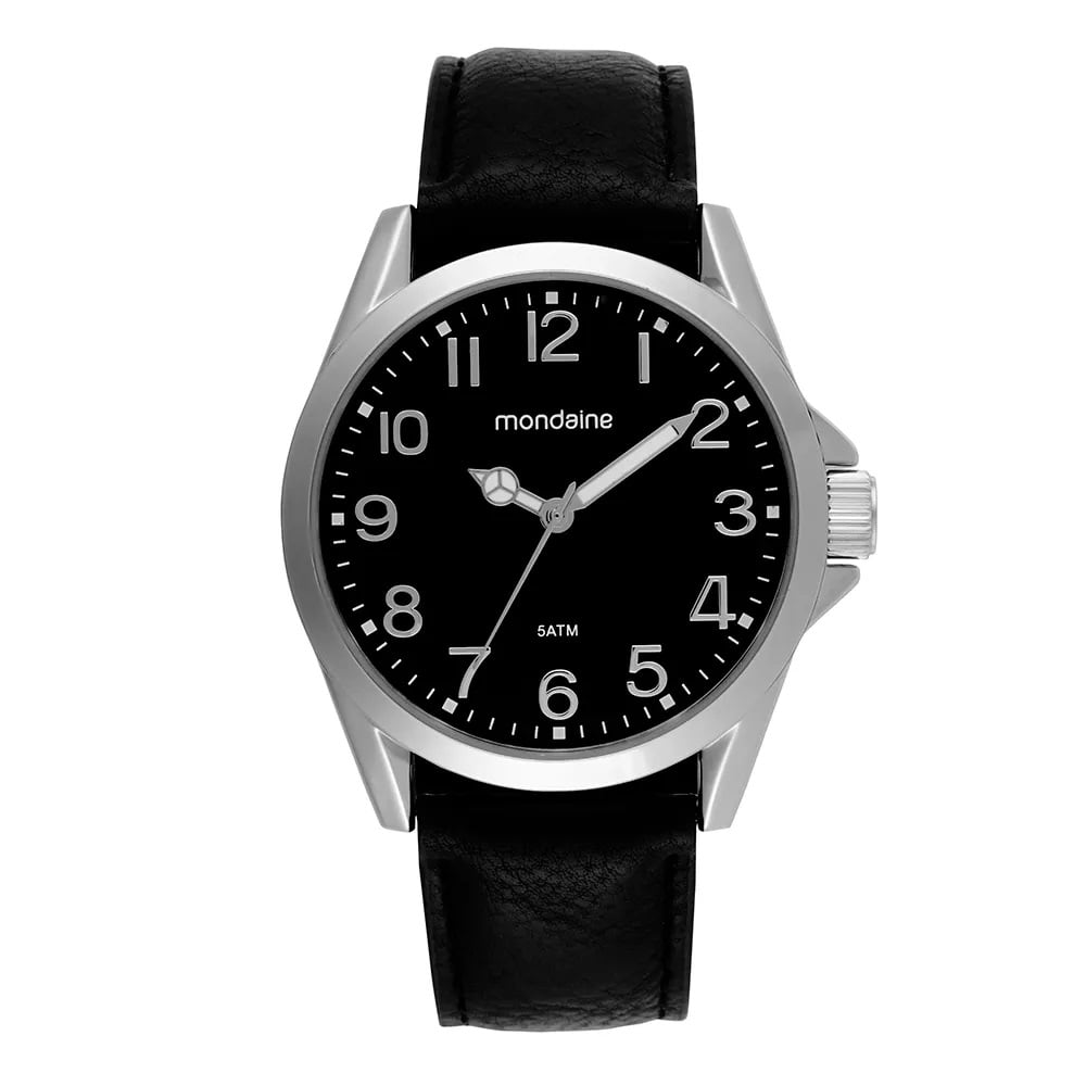 Relógio Mondaine Masculino Prateado com Pulseira em Couro e Visor Preto Possui Numeração completa Á Prova d'água 99741G0MVNH2