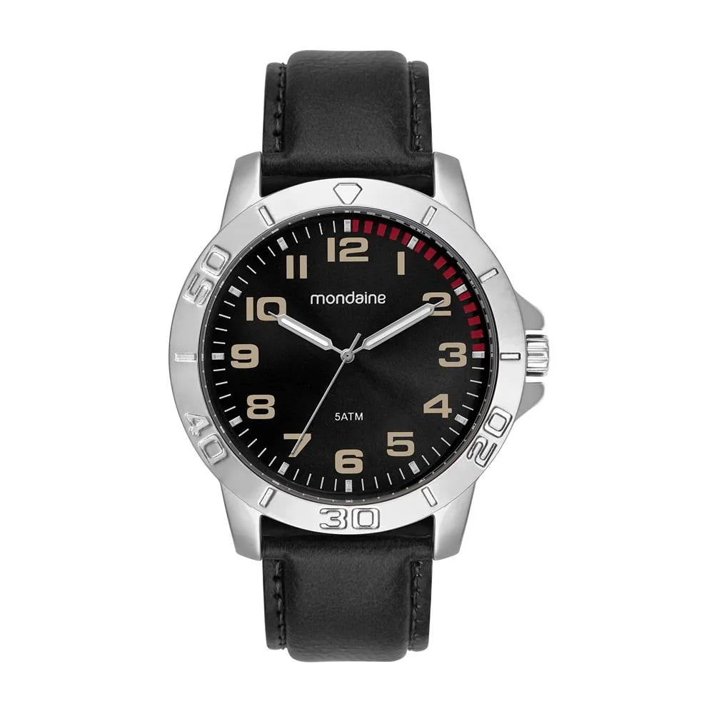 Relógio Mondaine Masculino Prateado com Pulseira em Couro e Visor Preto Possui Numeração completa  Á Prova d'água 99810G0MVNH1