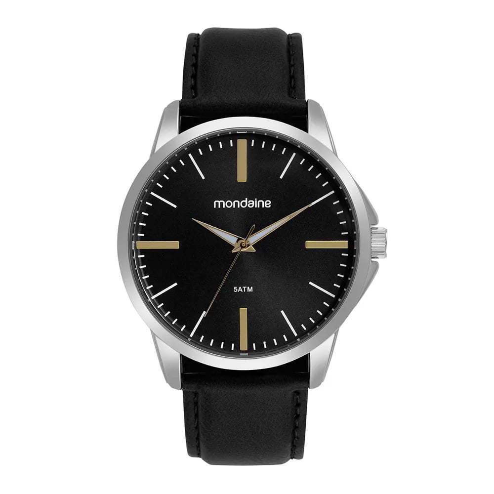 Relógio Mondaine Masculino Prateado Mostrador Minimalista Preto com Pulseira em Couro Preta Á Prova D'água 99788G0MVNH2