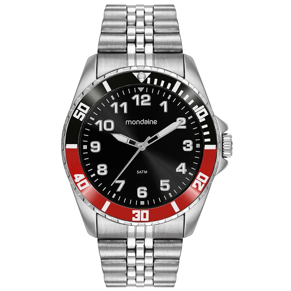 Relógio Mondaine Masculino Prateado Numeração Completa Mostrador Preto com Taquímetro Á Prova d'água 99836G0MVNE6