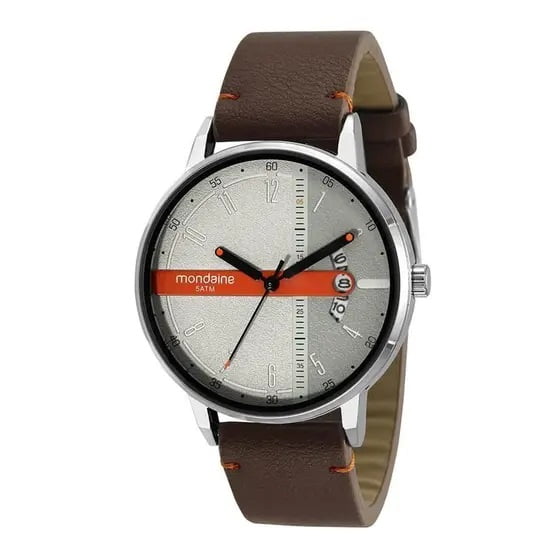 Relógio Mondaine Masculino Prateado Todo Numerado com Calendário e Taquímetro Pulseira em Couro Cacau Á Prova D'água 32275G0MVNH1