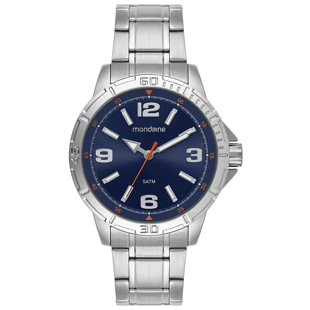 Relógio Mondaine Masculino Prateado Visor Azul com detalhes Laranja Á prova D'água 99746G0MVNE1