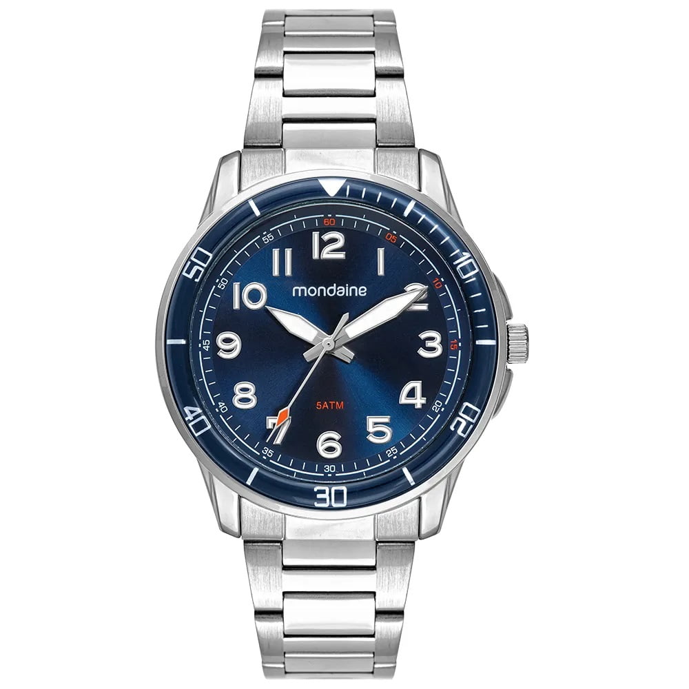 Relógio Mondaine Masculino Prateado Visor Azul com Numeração Completa Á Prova d'água 33028G0MVNE2