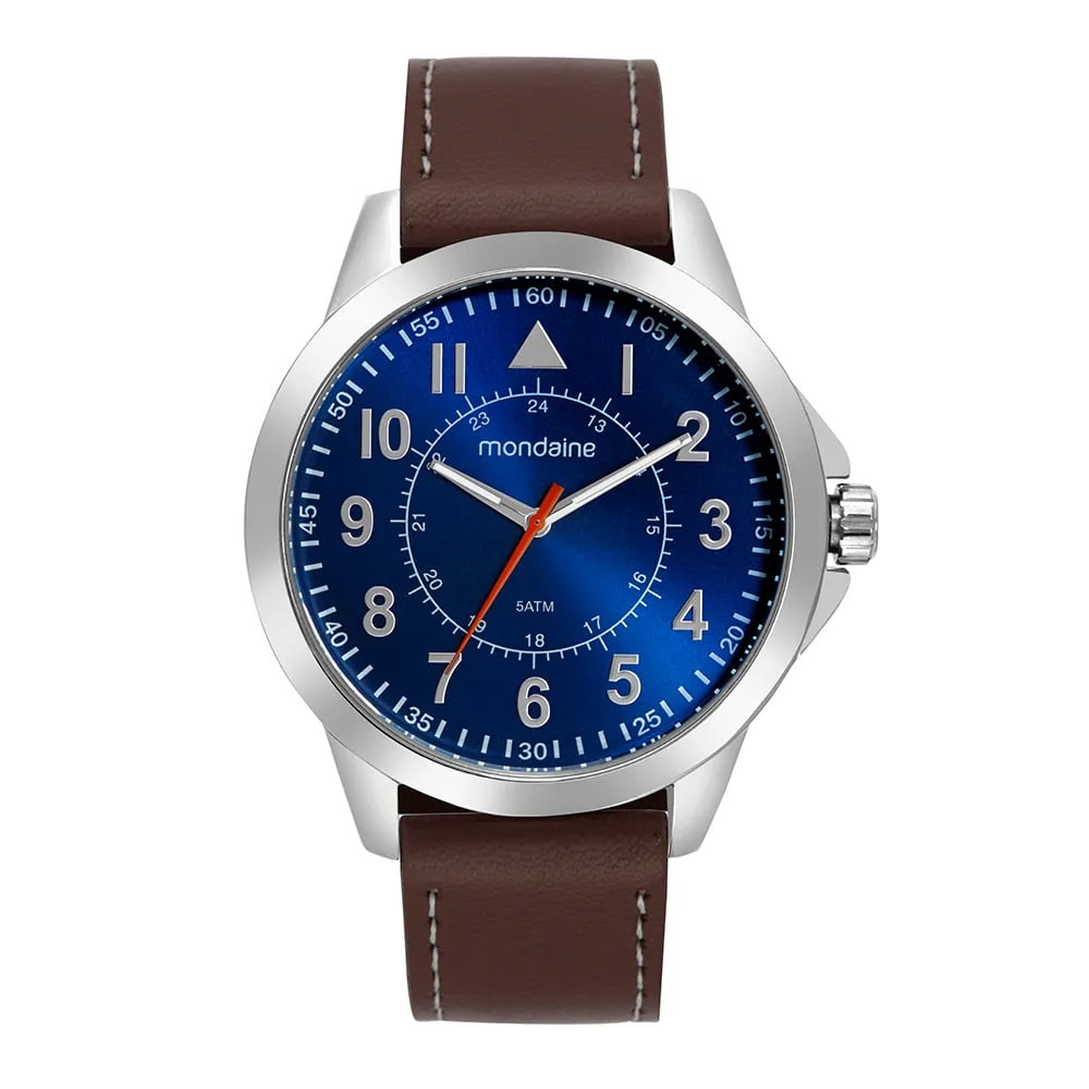 Relógio Mondaine Masculino Prateado Visor Azul com Numeração completa Pulseira em Couro Marrom Á Prova D'água 99744G0MVNH1