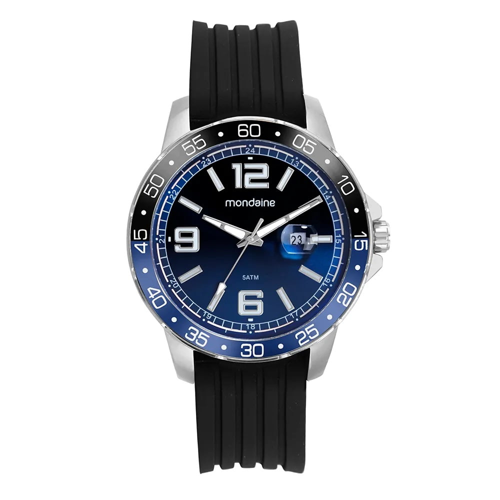 Relógio Mondaine Masculino Prateado Visor Azul com Taquímetro e Calendário Pulseira em Silicone Á Prova d'água 99733G0MVNI1