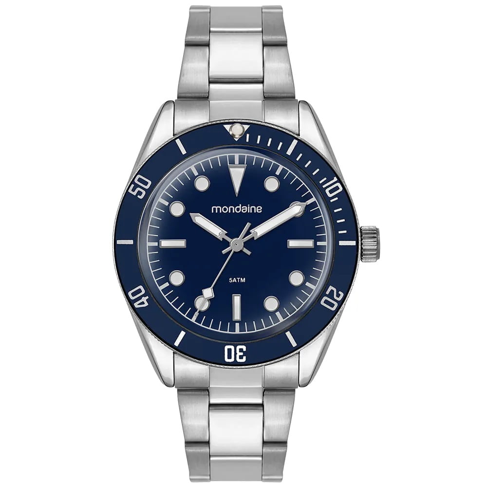 Relógio Mondaine Masculino Prateado Visor Azul com Vidro Dome Á Prova d'água 33038G0MVNE2